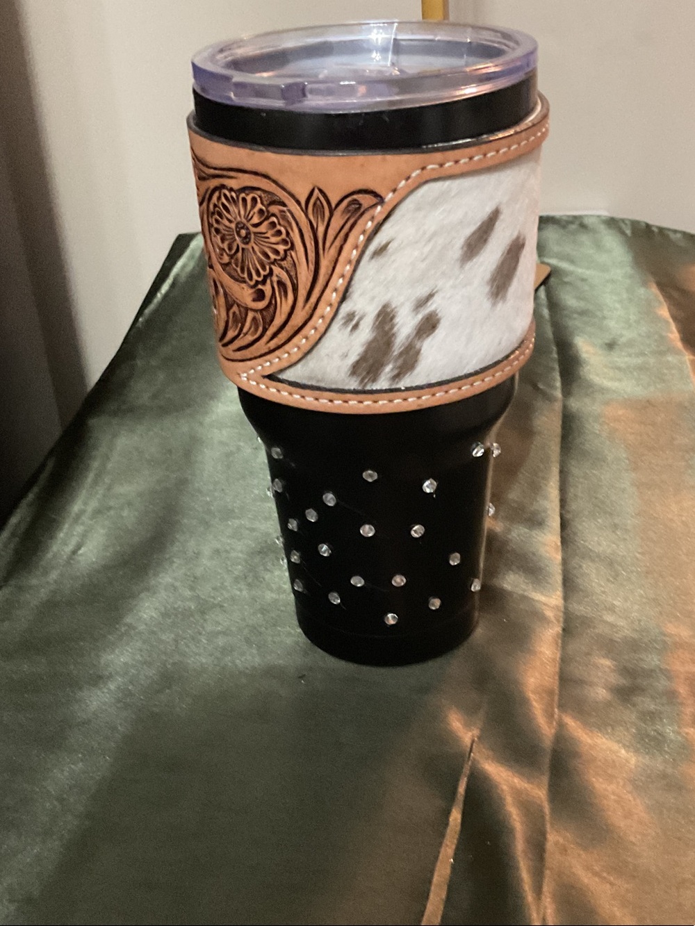 Source Unknown Leather Tooled Tumbler Sleeve with White & Brown Cowhide